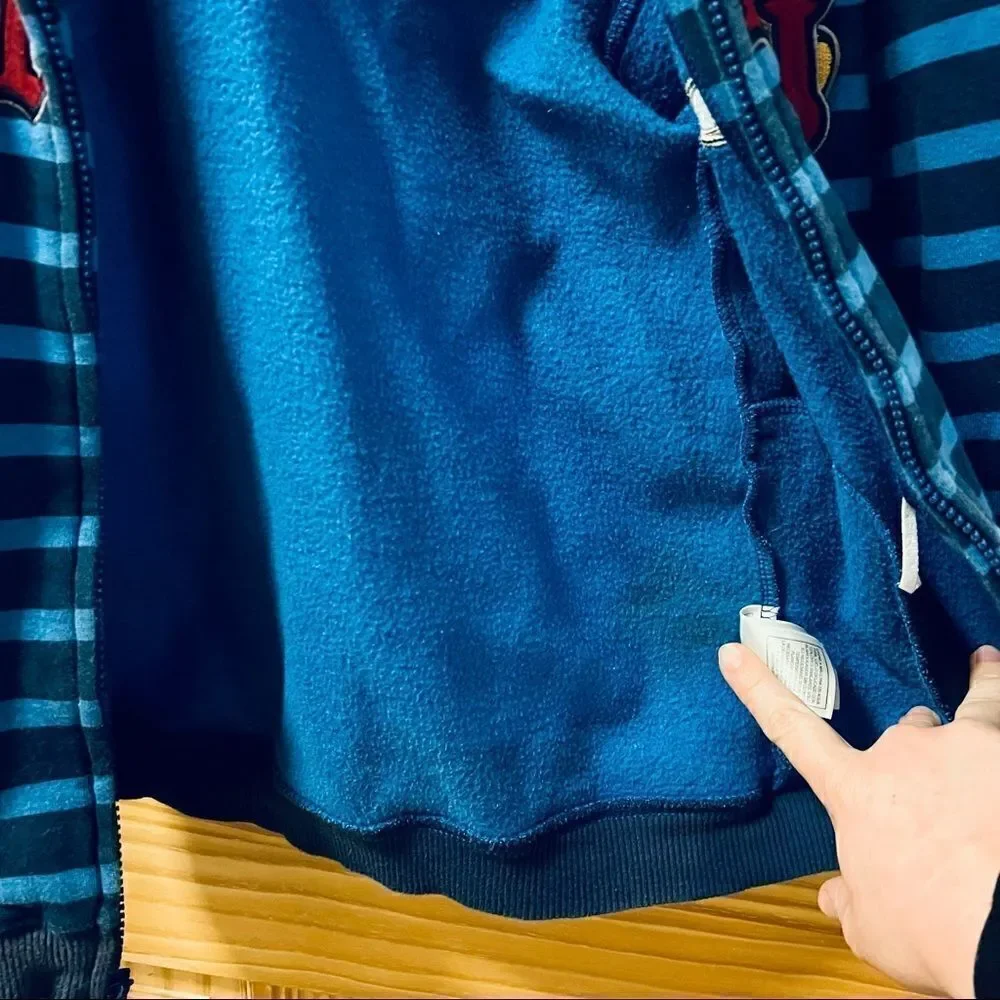 Disney Parks blue striped Mickey fleece lined hood full zip zipper jacket coat M